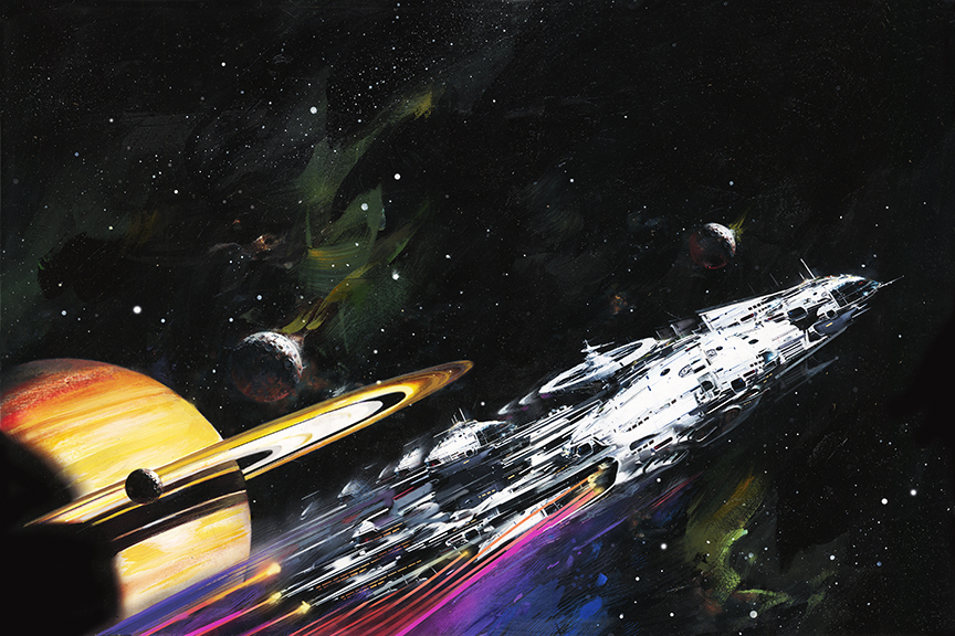painting of a starship traveling at full speed